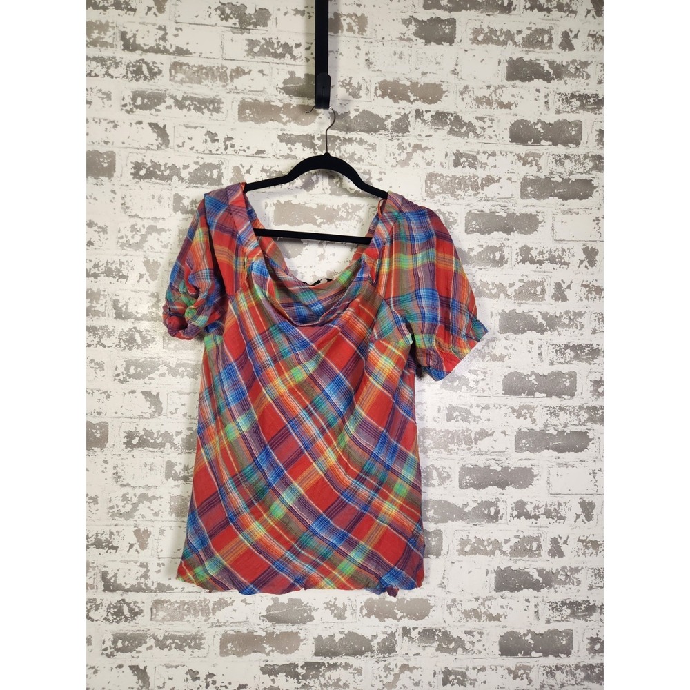 Lauren Ralph Lauren Gauzy Plaid Tunic Top XL Red On-Off Shoulder Boho Preppy